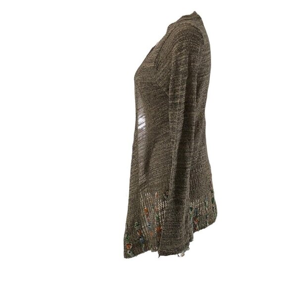 BKE Gimmicks Open Weave Women Tan Raw Edge Chiffon Trim Wool Cardigan Sz Small - Picture 5 of 13